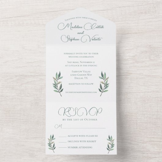 Elegant Eucalyptus Leaf Modern Fall Wedding & RSVP All In One Uitnodiging (Binnen)