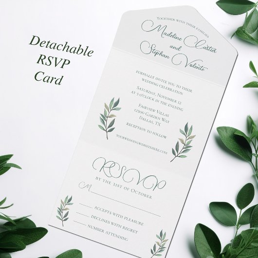Elegant Eucalyptus Leaf Modern Fall Wedding & RSVP All In One Uitnodiging