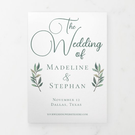 Elegant Eucalyptus Leaf Modern Photo Fall Wedding Drieluik Uitnodiging (Cover)