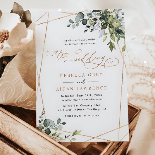 Elegant Eucalyptus Leaves Greenery Gold Wedding Kaart