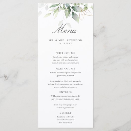 Elegant Eucalyptus Leaves Greenery Gold Wedding Menu (Voorkant)
