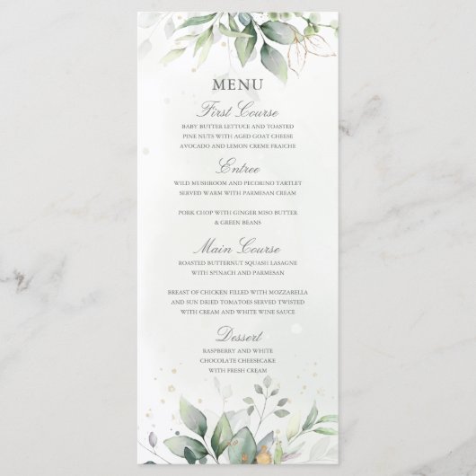 Elegant Eucalyptus Leaves Greenery Gold Wedding Menu (Voorkant)