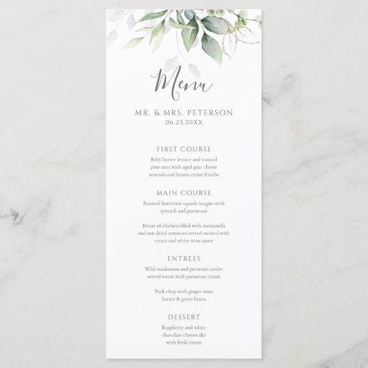 Elegant Eucalyptus Leaves Greenery Gold Wedding Menu (Voorkant)