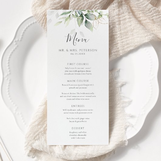 Elegant Eucalyptus Leaves Greenery Gold Wedding Menu