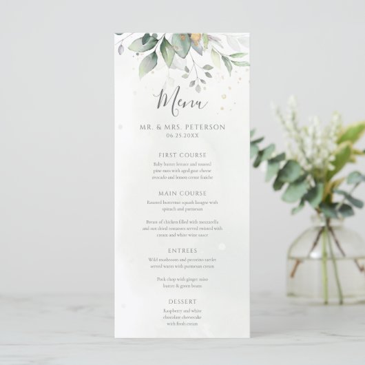 Elegant Eucalyptus Leaves Greenery Gold Wedding Menu (Staand voorkant)