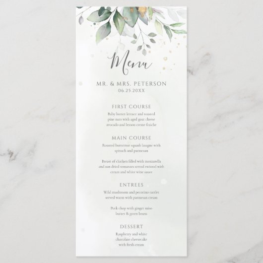 Elegant Eucalyptus Leaves Greenery Gold Wedding Menu (Voorkant)