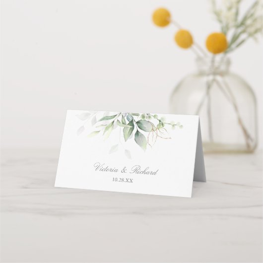 Elegant Eucalyptus Leaves Greenery Gold Wedding Plaatskaartje (Achterkant)