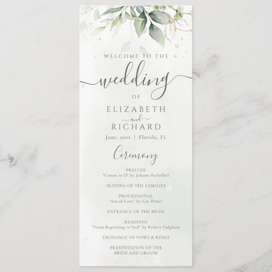 Elegant Eucalyptus Leaves Greenery Gold Wedding Programmakaart (Voorkant)