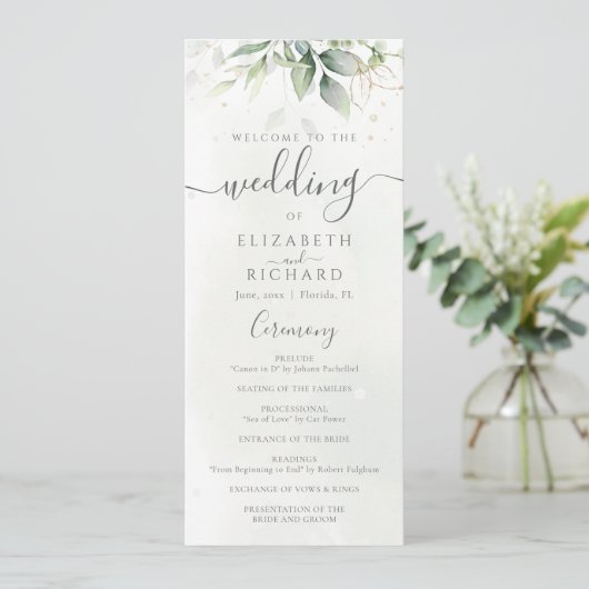 Elegant Eucalyptus Leaves Greenery Gold Wedding Programmakaart (Staand voorkant)
