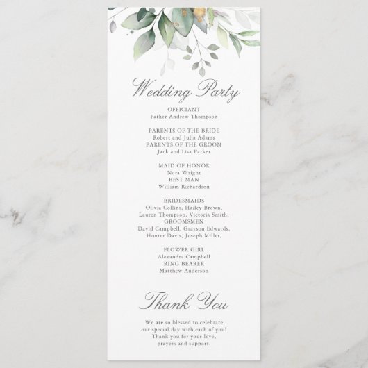 Elegant Eucalyptus Leaves Greenery Gold Wedding Programmakaart (Achterkant)