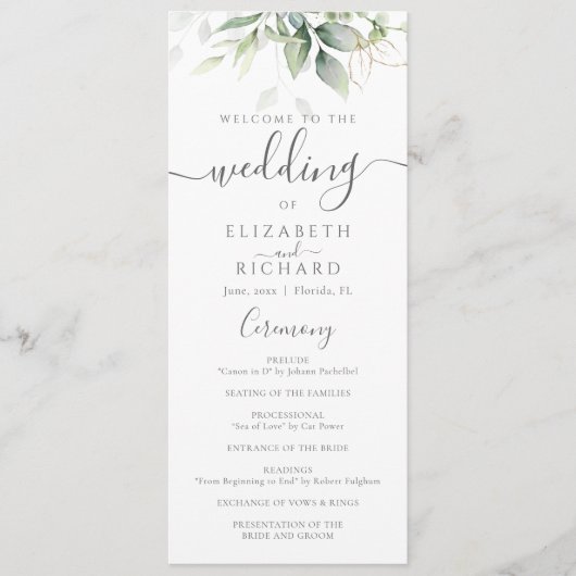 Elegant Eucalyptus Leaves Greenery Gold Wedding Programmakaart (Voorkant)