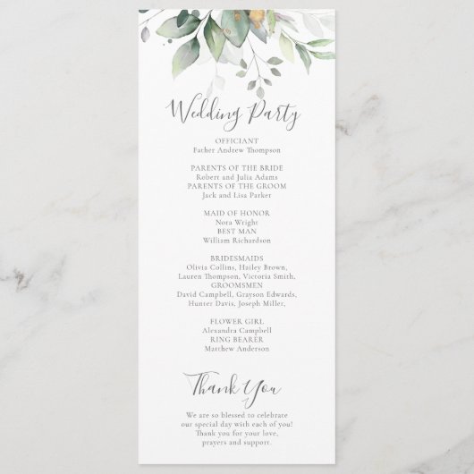 Elegant Eucalyptus Leaves Greenery Gold Wedding Programmakaart (Achterkant)
