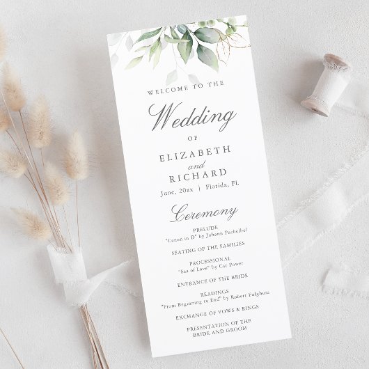 Elegant Eucalyptus Leaves Greenery Gold Wedding Programmakaart