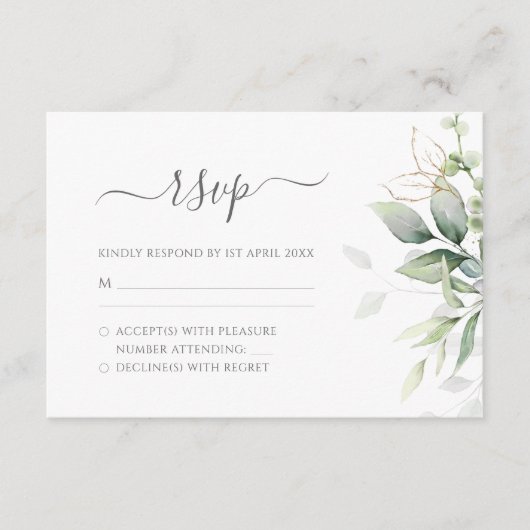 Elegant Eucalyptus Leaves Greenery Gold Wedding RSVP Kaartje (Voorkant)