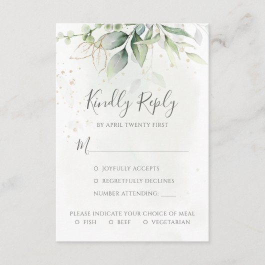 Elegant Eucalyptus Leaves Greenery Gold Wedding RSVP Kaartje (Voorkant)