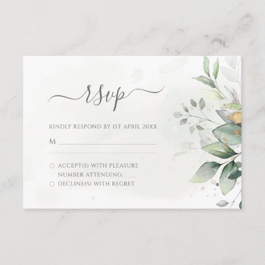 Elegant Eucalyptus Leaves Greenery Gold Wedding RSVP Kaartje (Voorkant)