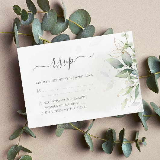 Elegant Eucalyptus Leaves Greenery Gold Wedding RSVP Kaartje