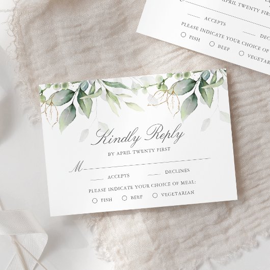Elegant Eucalyptus Leaves Greenery Gold Wedding RSVP Kaartje