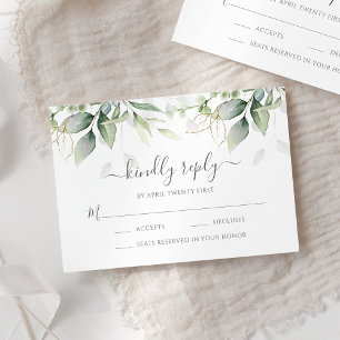Elegant Eucalyptus Leaves Greenery Gold Wedding RSVP Kaartje