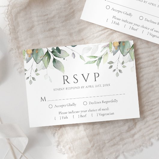 Elegant Eucalyptus Leaves Greenery Gold Wedding RSVP Kaartje