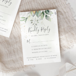 Elegant Eucalyptus Leaves Greenery Gold Wedding RSVP Kaartje