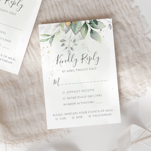 Elegant Eucalyptus Leaves Greenery Gold Wedding RSVP Kaartje
