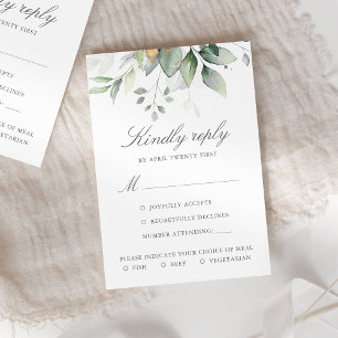 Elegant Eucalyptus Leaves Greenery Gold Wedding RSVP Kaartje