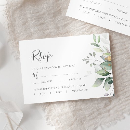 Elegant Eucalyptus Leaves Greenery Gold Wedding RSVP Kaartje