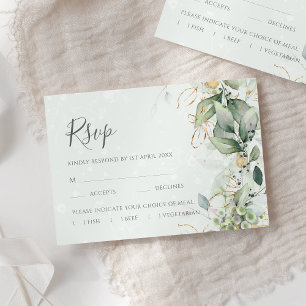 Elegant Eucalyptus Leaves Greenery Gold Wedding RSVP Kaartje