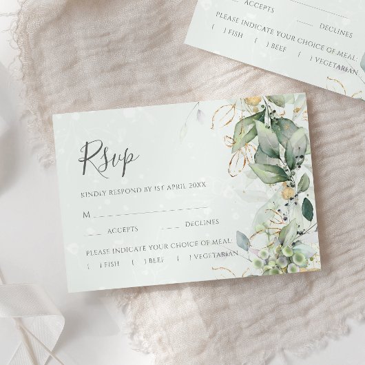 Elegant Eucalyptus Leaves Greenery Gold Wedding RSVP Kaartje