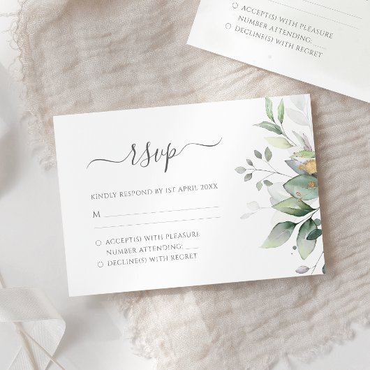 Elegant Eucalyptus Leaves Greenery Gold Wedding RSVP Kaartje
