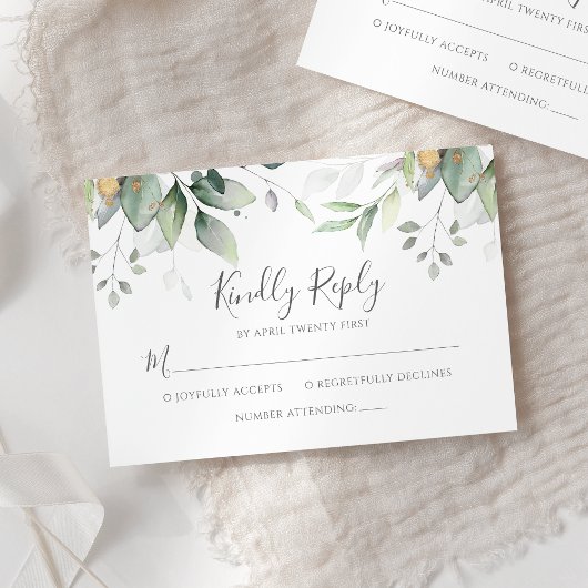 Elegant Eucalyptus Leaves Greenery Gold Wedding RSVP Kaartje