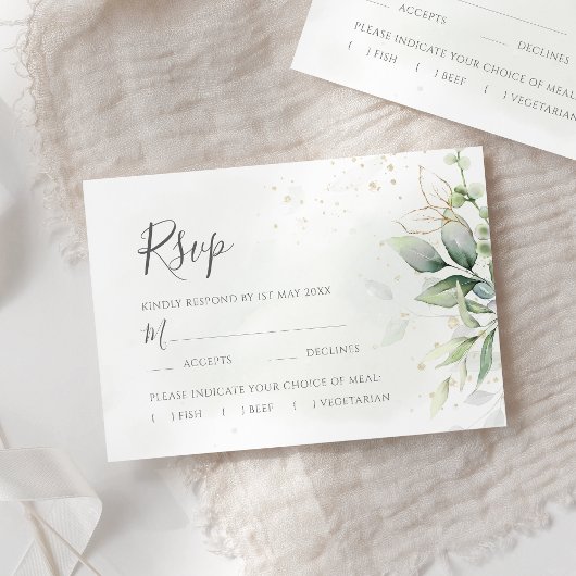 Elegant Eucalyptus Leaves Greenery Gold Wedding RSVP Kaartje