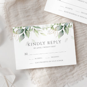Elegant Eucalyptus Leaves Greenery Gold Wedding RSVP Kaartje