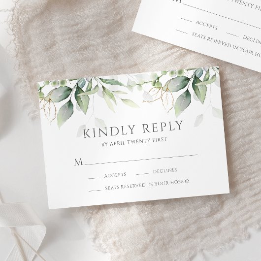 Elegant Eucalyptus Leaves Greenery Gold Wedding RSVP Kaartje