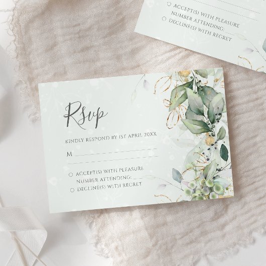 Elegant Eucalyptus Leaves Greenery Gold Wedding RSVP Kaartje