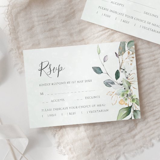 Elegant Eucalyptus Leaves Greenery Gold Wedding RSVP Kaartje