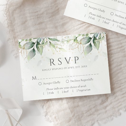 Elegant Eucalyptus Leaves Greenery Gold Wedding RSVP Kaartje
