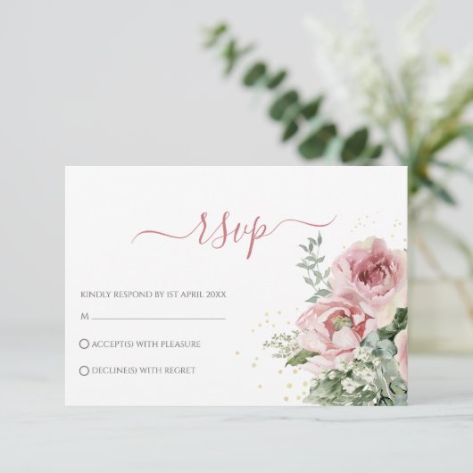 Elegant Eucalyptus Leaves Greenery Gold Wedding RSVP Kaartje (Staand voorkant)
