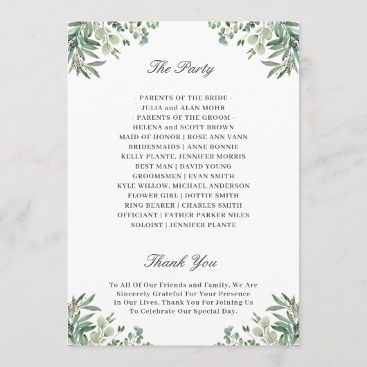 Elegant Eucalyptus Leaves Greenery Wedding Programmakaart (Achterkant)