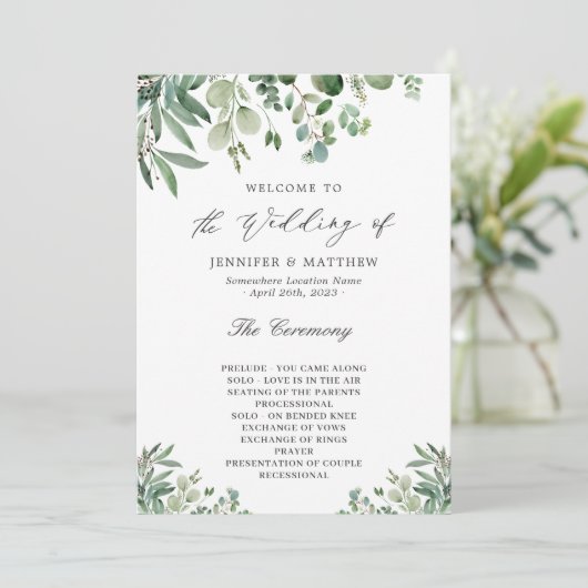 Elegant Eucalyptus Leaves Greenery Wedding Programmakaart (Staand voorkant)