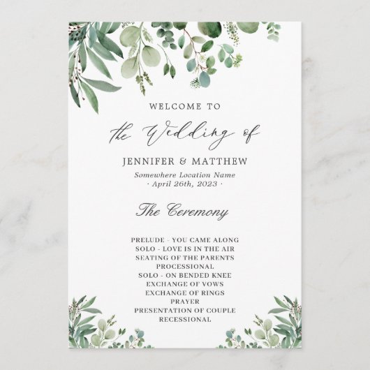 Elegant Eucalyptus Leaves Greenery Wedding Programmakaart (Voorkant)