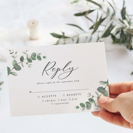 Elegant Eucalyptus Leaves Greenery Wedding RSVP Kaartje
