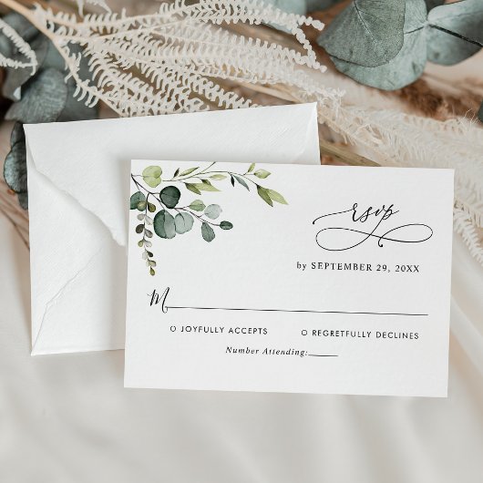 Elegant Eucalyptus Leaves Greenery Wedding RSVP Kaartje
