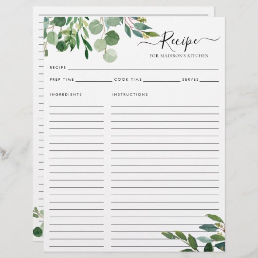 Elegant Eucalyptus Leaves Kitchen Recipe (Voorkant / Achterkant)