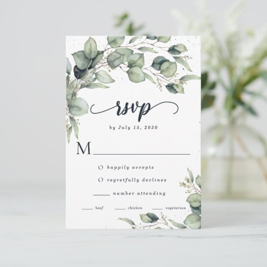 Elegant Eucalyptus Leaves Wedding RSVP Kaartje (Staand voorkant)