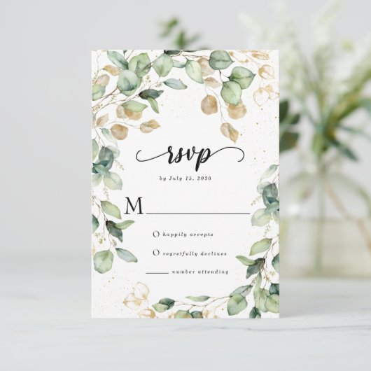 Elegant Eucalyptus Leaves Wedding RSVP Kaartje (Staand voorkant)