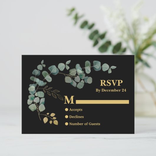 Elegant Eucalyptus leest Faux Gold RSVP-behuizing Informatiekaartje (Staand voorkant)