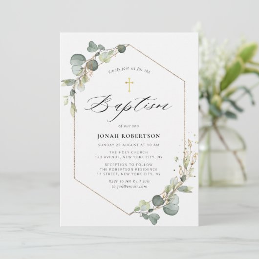 Elegant eucalyptus lijst baptisme kaart (Staand voorkant)