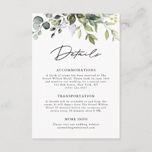 Elegant Eucalyptus Loof Modern Script Huwelijk Informatiekaartje (Voorkant)